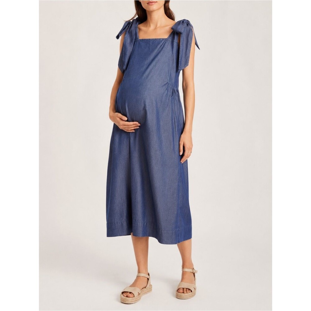 Hatch Kate Bowtie Denim Midi Dress Blue Tie Shoulder Maternity Size 1 / Small